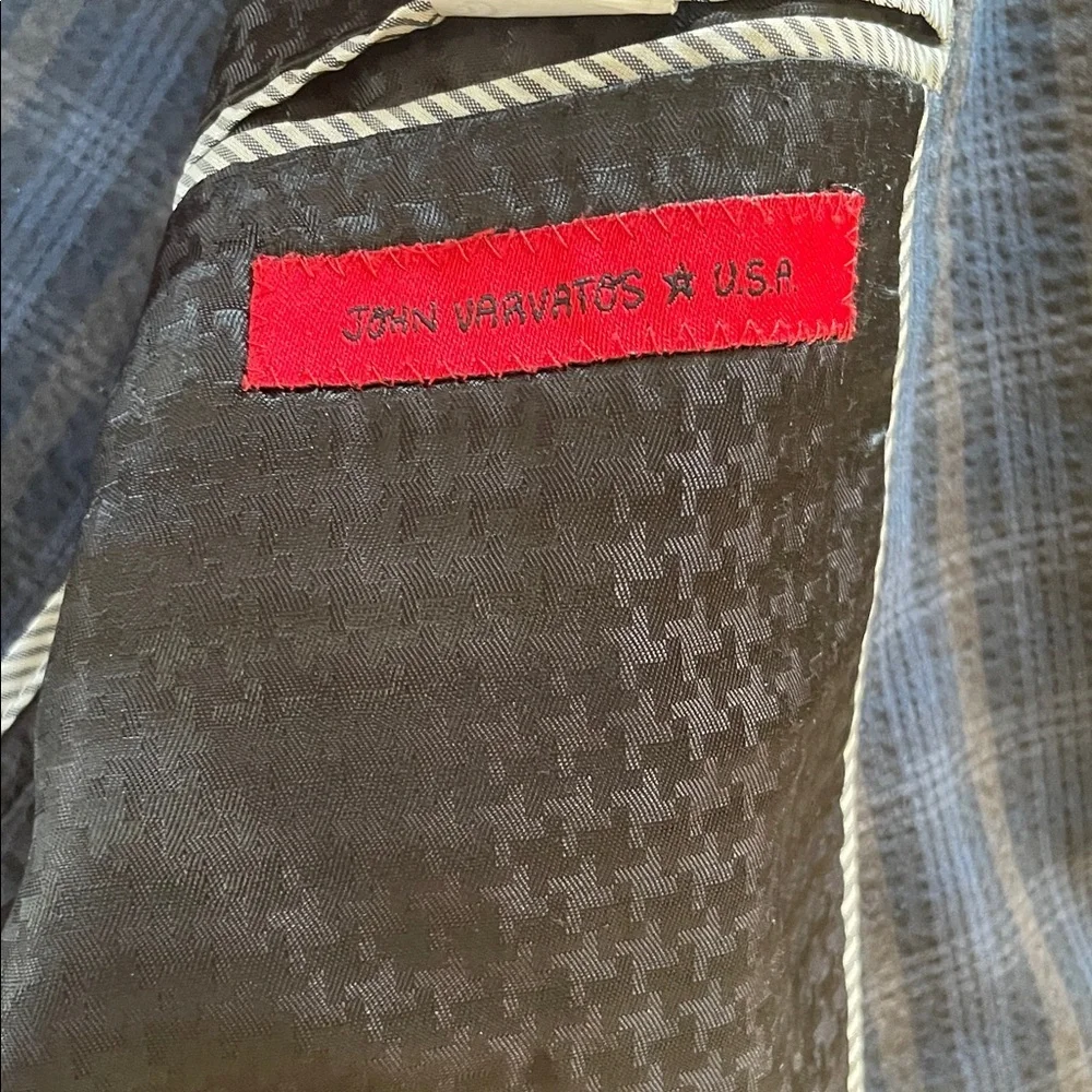 John Varvatos Dark Navy Plaid Sport Double Button 3 Pocket Back Flaps Jacket